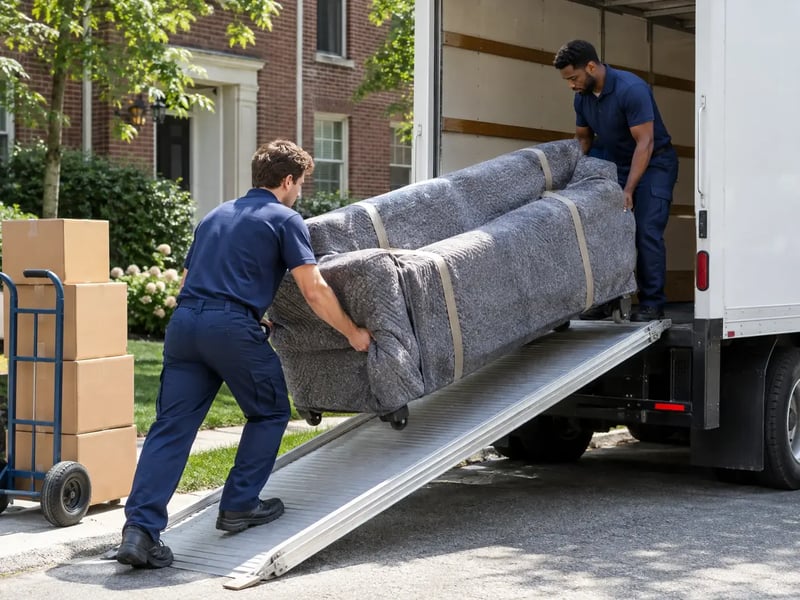 Déménagement du 1er juillet : deux déménageurs montent un canapé protégé par des couvertures dans le camion.