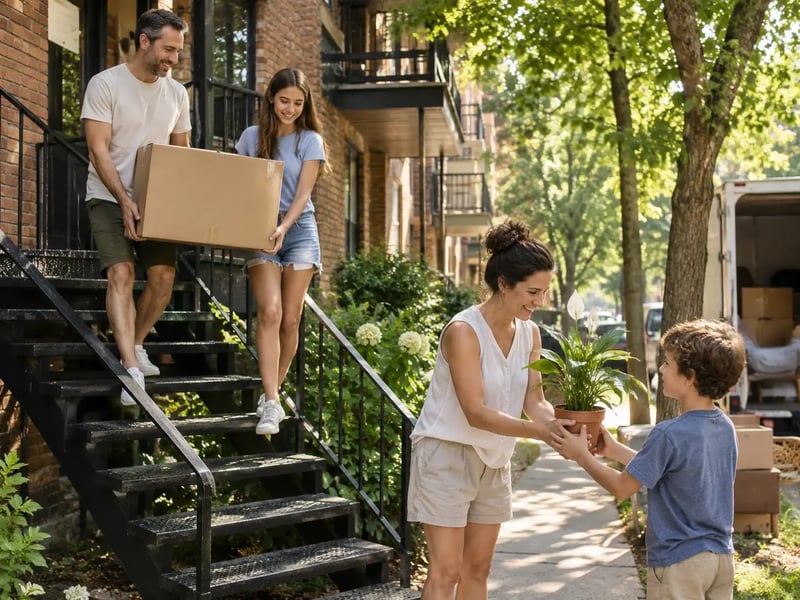 Déménagement du 1er juillet : une famille descend des boîtes par l'escalier extérieur d'un triplex en brique.