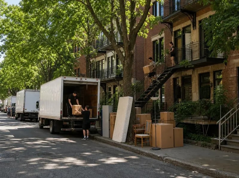 Déménagement du 1er juillet : camions blancs, boîtes, matelas et chaises sur le trottoir d'une rue de plex en été.