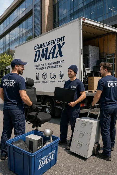 Déménageurs DMAX déchargeant du mobilier de bureau devant un immeuble commercial à Laval Déménageurs DMAX déchargeant du mobilier de bureau devant un immeuble commercial à Laval
