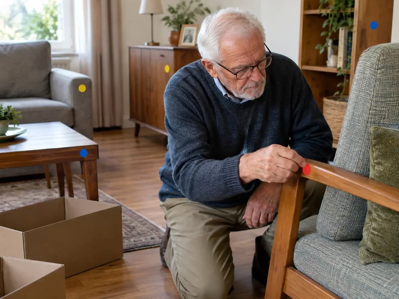 Downsizing for seniors: a senior man puts coloured stickers on furniture to mark what stays and goes.