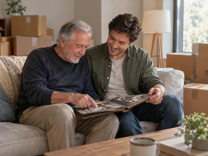 Downsizing for seniors: a father and his adult son look through a family photo album among boxes.