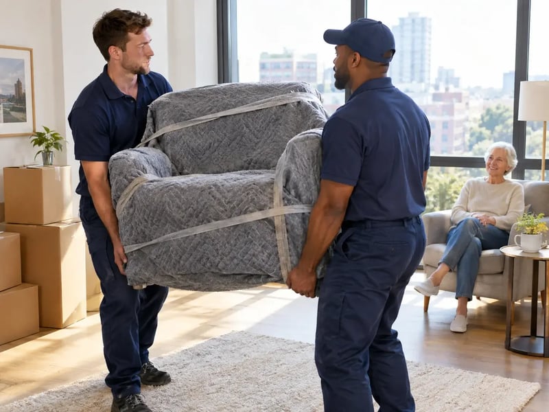 Downsizing for seniors: two movers carry a wrapped armchair into a bright apartment as a senior looks on.