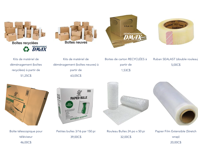A selection of moving supplies, including recycled and new boxes, packing tape, bubble wrap, rolls, and accessories, offered by DMAX.