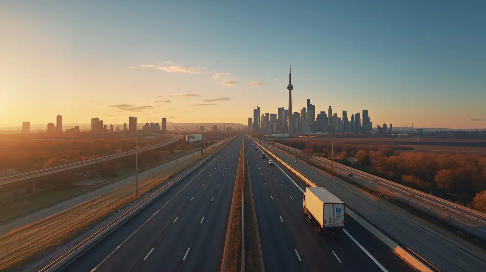 Moving truck on highway between Montreal and Toronto with CN Tower skyline at sunset