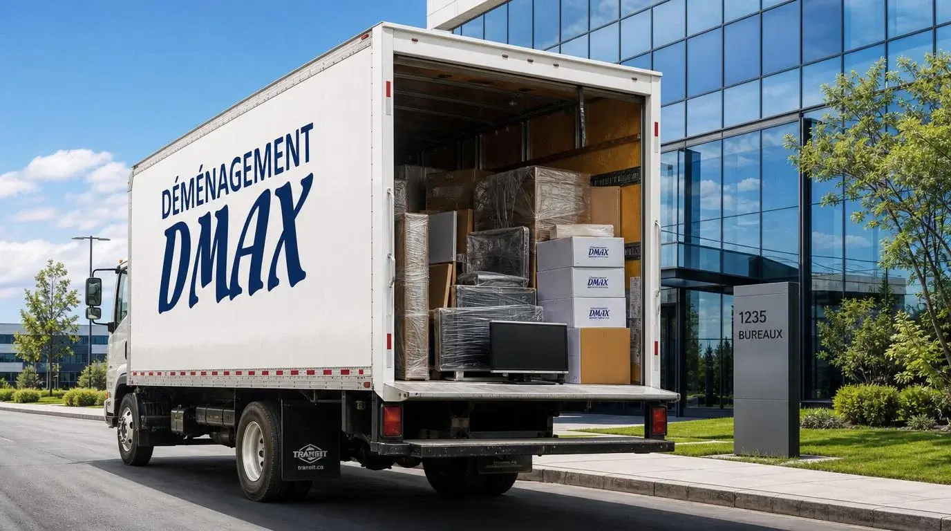 Camion de déménagement commercial DMAX chargé de mobilier de bureau devant un immeuble à bureaux à Laval
