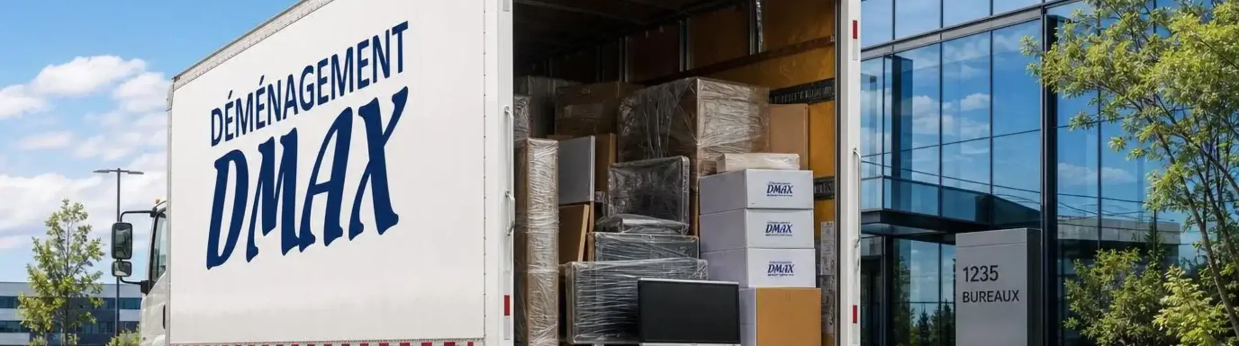 Déménagement DMAX truck loaded with office furniture and equipment outside an office building, during a commercial move in Mascouche