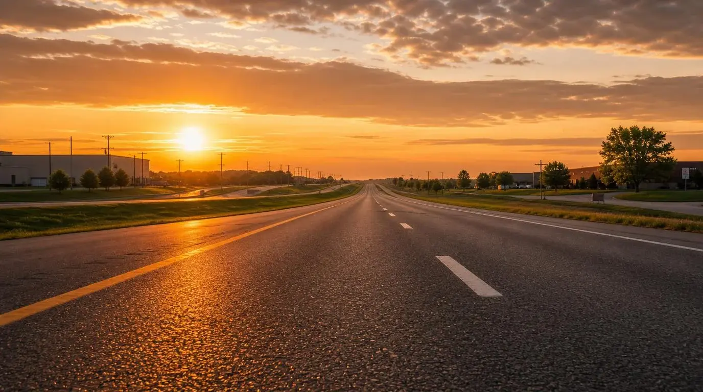 Route déserte s'étendant à l'horizon au coucher du soleil, évoquant un déménagement longue distance depuis Laval Route déserte s'étendant à l'horizon au coucher du soleil, évoquant un déménagement longue distance depuis Laval