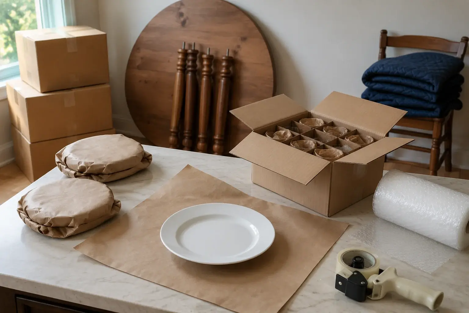 Vaisselle emballée, table démontée et boîtes prêtes pour un déménagement à Mascouche Vaisselle emballée, table démontée et boîtes prêtes pour un déménagement à Mascouche