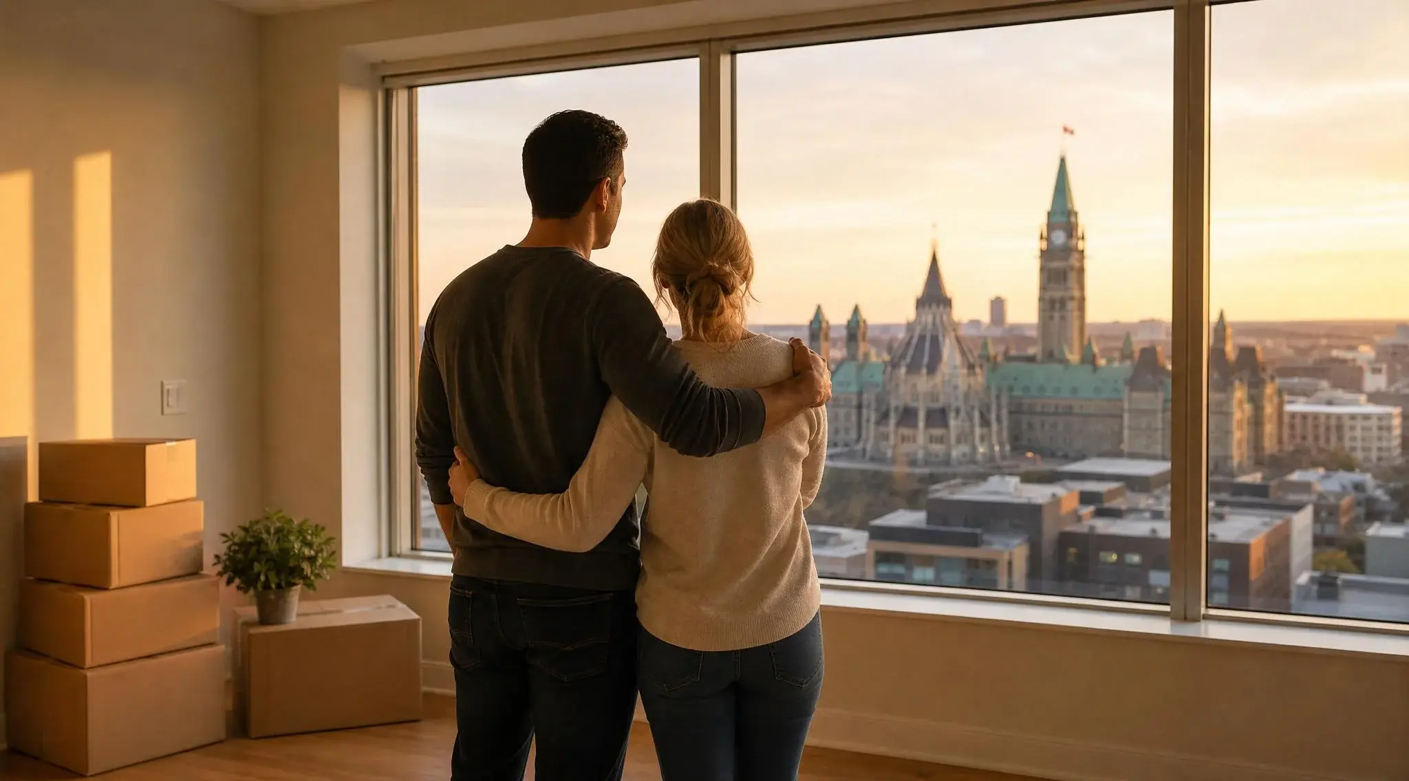Couple s'installant dans leur nouvel appartement à Ottawa avec vue sur le Parlement après un déménagement Montréal-Ottawa par Déménagement DMAX