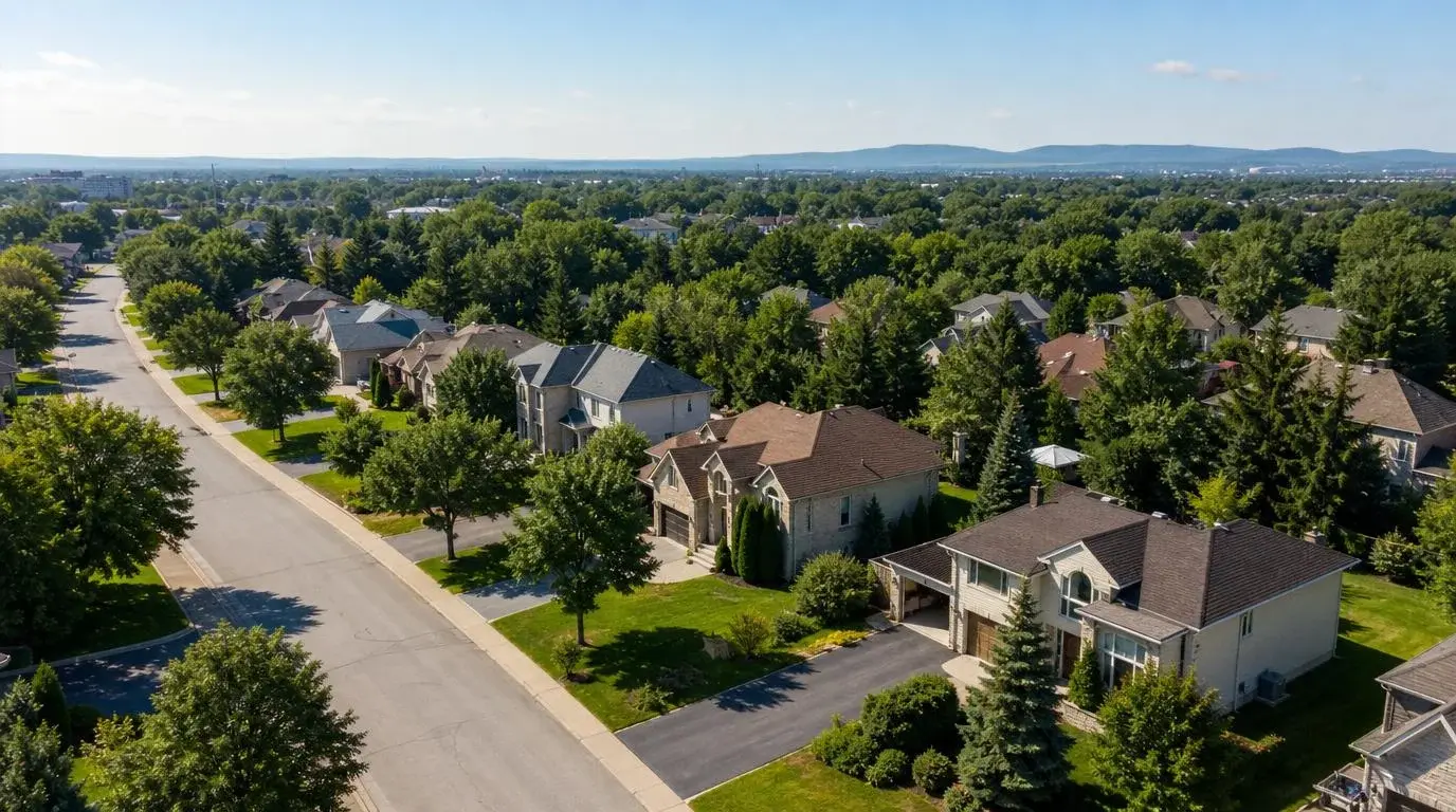 Vue aérienne d'un quartier résidentiel de Laval en été, avec maisons unifamiliales, entrées privées et arbres matures