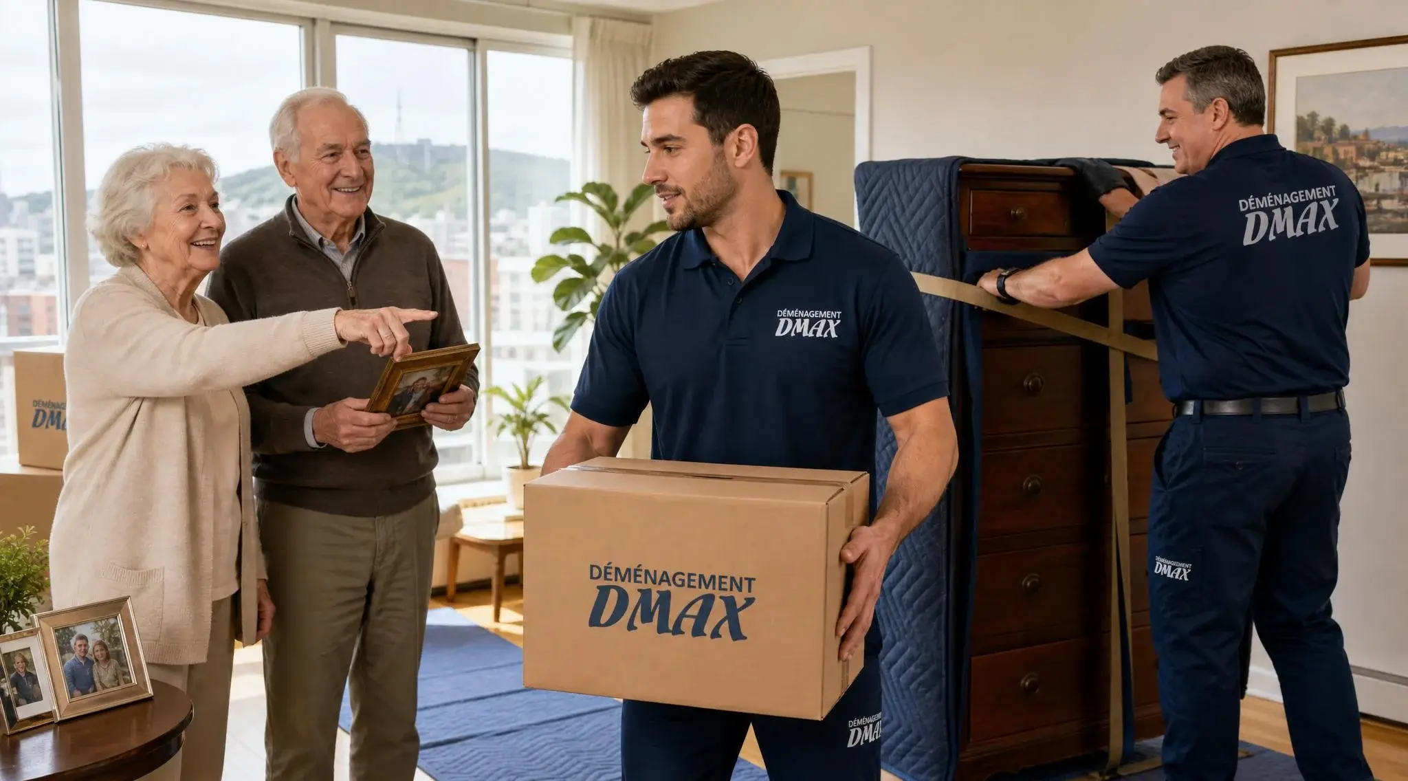 Deux déménageurs DMAX assistant un couple de seniors lors d'un déménagement senior dans un condo au Québec
