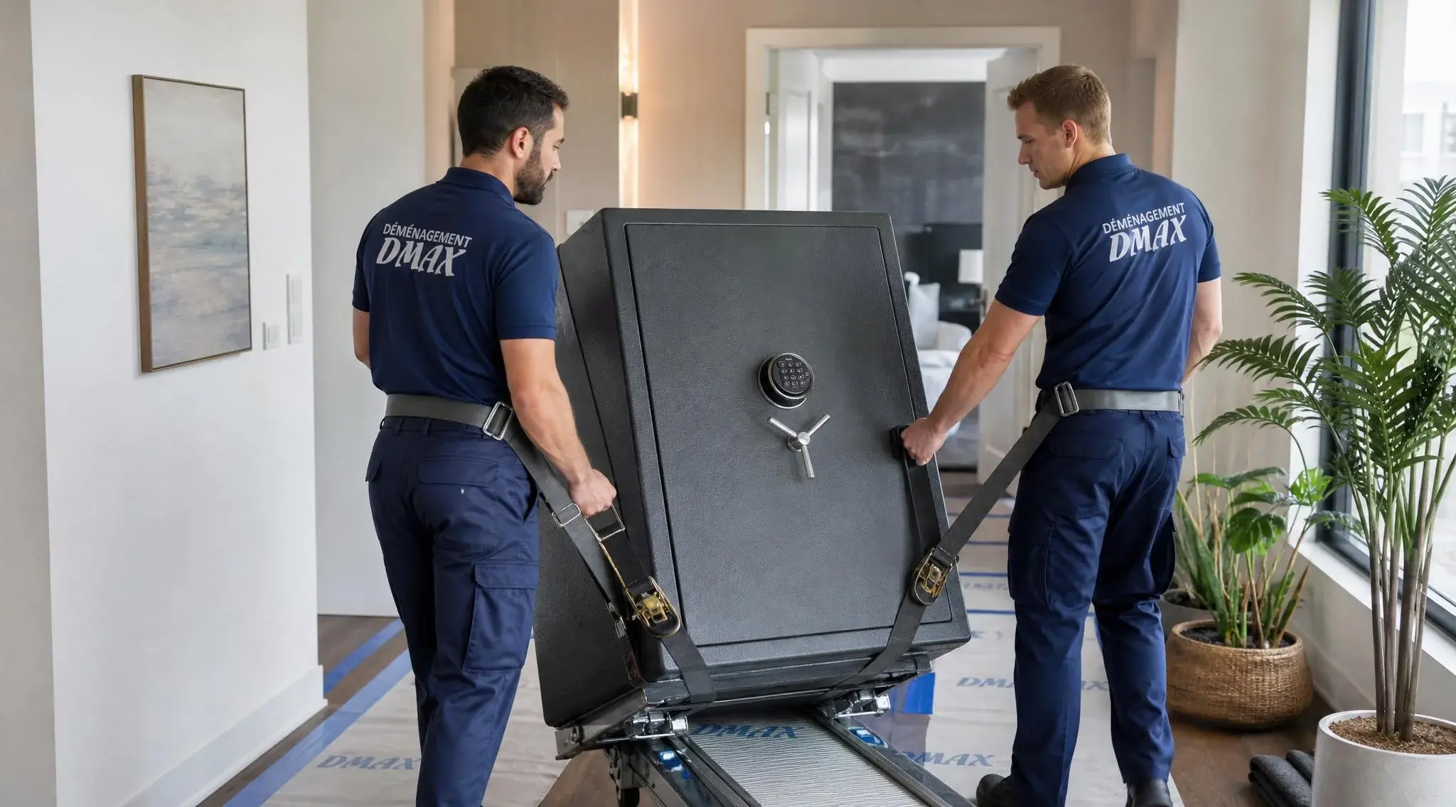 Deux déménageurs professionnels de déménagement DMAX utilisant des sangles de levage pour déplacer un coffre-fort imposant dans un appartement.