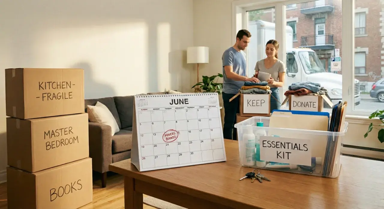 Couple preparing for an organized move in Montreal: boxes labeled by room, June planning calendar, essentials kit on the table, and a moving truck visible through the window. Couple preparing for an organized move in Montreal: boxes labeled by room, June planning calendar, essentials kit on the table, and a moving truck visible through the window.