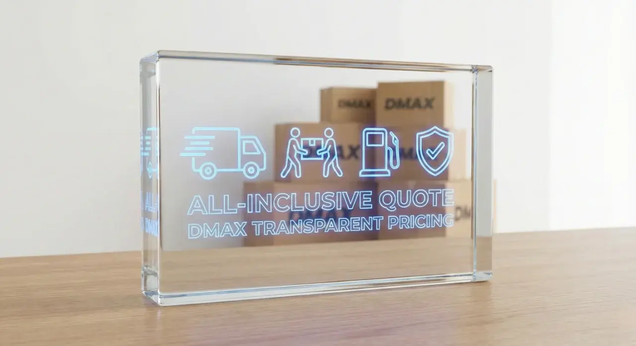 Transparent glass block on a wooden table displaying glowing blue icons for truck, movers, fuel, and insurance with the text 'ALL-INCLUSIVE QUOTE - DMAX TRANSPARENT PRICING', symbolizing clear moving pricing with no hidden fees. Transparent glass block on a wooden table displaying glowing blue icons for truck, movers, fuel, and insurance with the text 'ALL-INCLUSIVE QUOTE - DMAX TRANSPARENT PRICING', symbolizing clear moving pricing with no hidden fees.