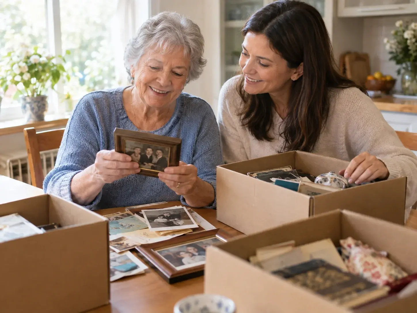 Downsizing for seniors: a senior woman and her daughter sort photos and keepsakes into boxes at home.