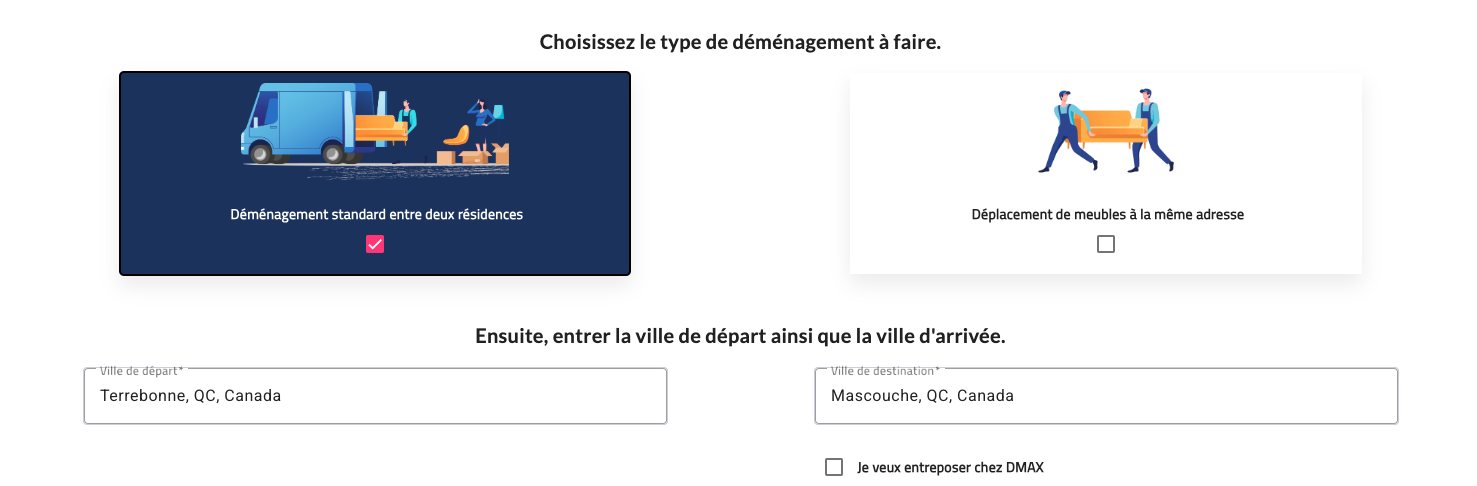Formulaire d’estimation en ligne DMAX pour un déménagement entre Terrebonne et Mascouche