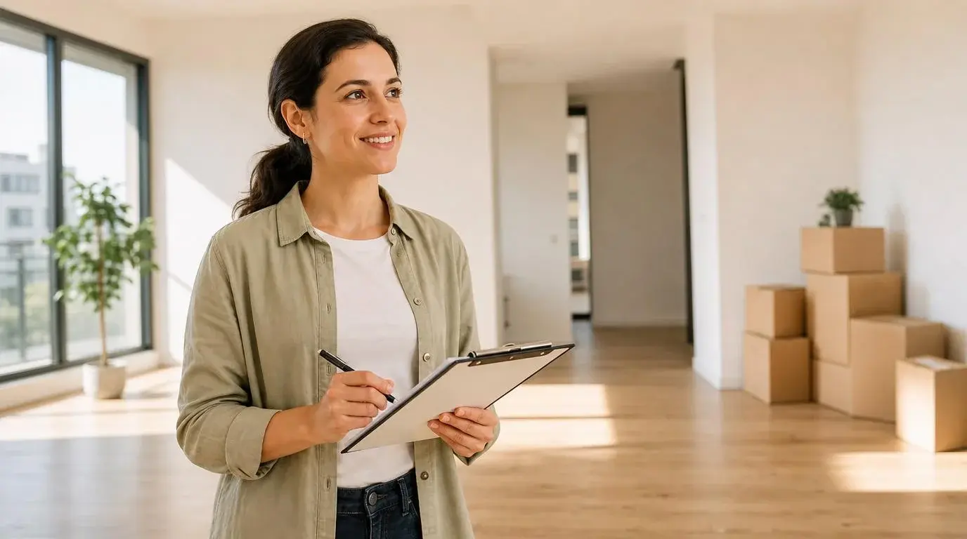 Femme tenant un clipboard avec une liste dans un appartement vide avec des cartons de déménagement en arrière-plan Femme tenant un clipboard avec une liste dans un appartement vide avec des cartons de déménagement en arrière-plan