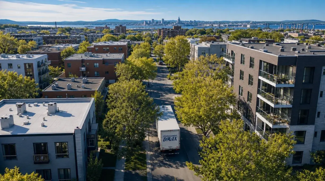Vue aérienne d'un quartier résidentiel au Québec avec un camion de déménagement dans une rue bordée d'arbres