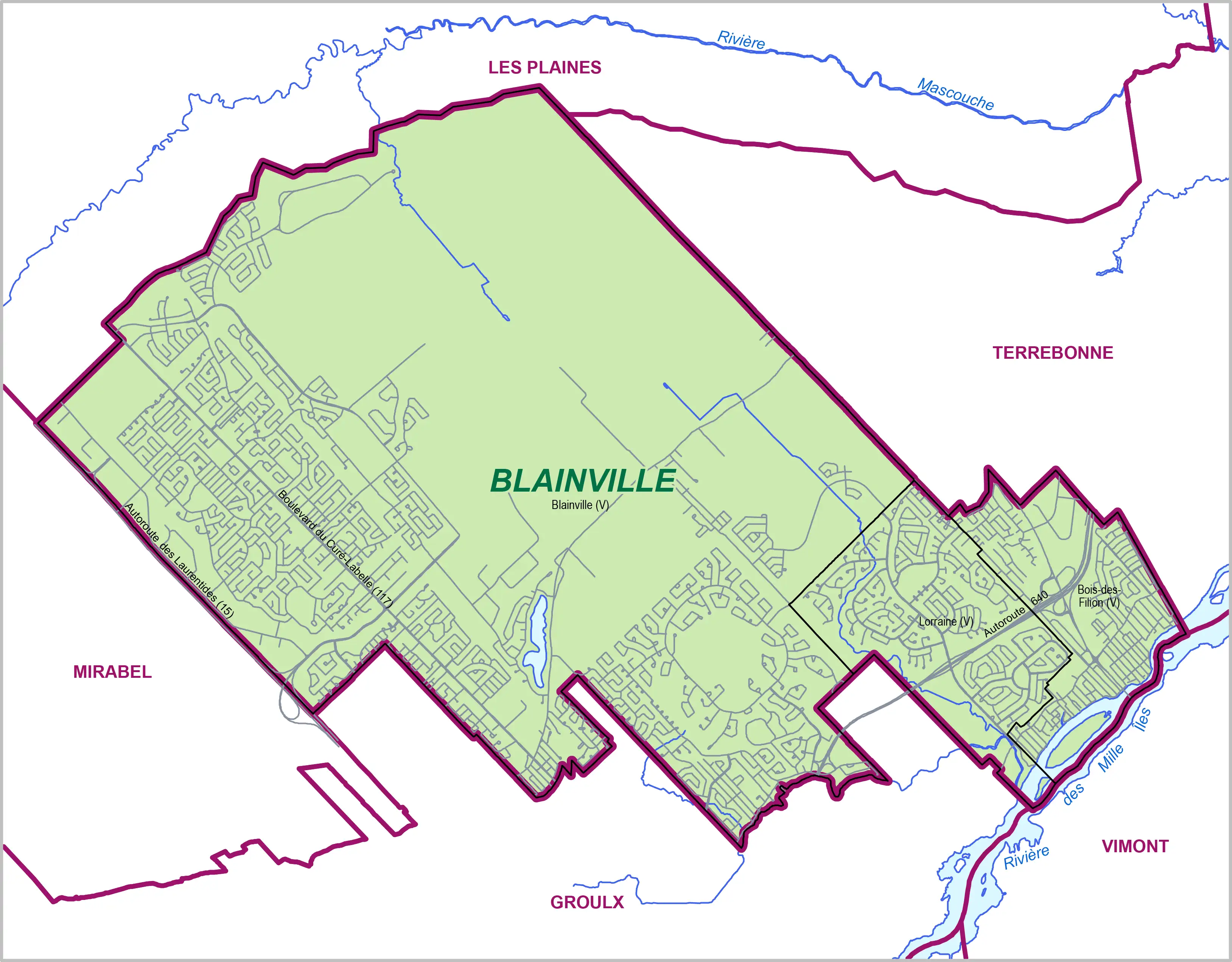 Detailed map of Blainville and surrounding areas, showing neighborhoods, municipal boundaries, and main roads - Best Movers Blainville.