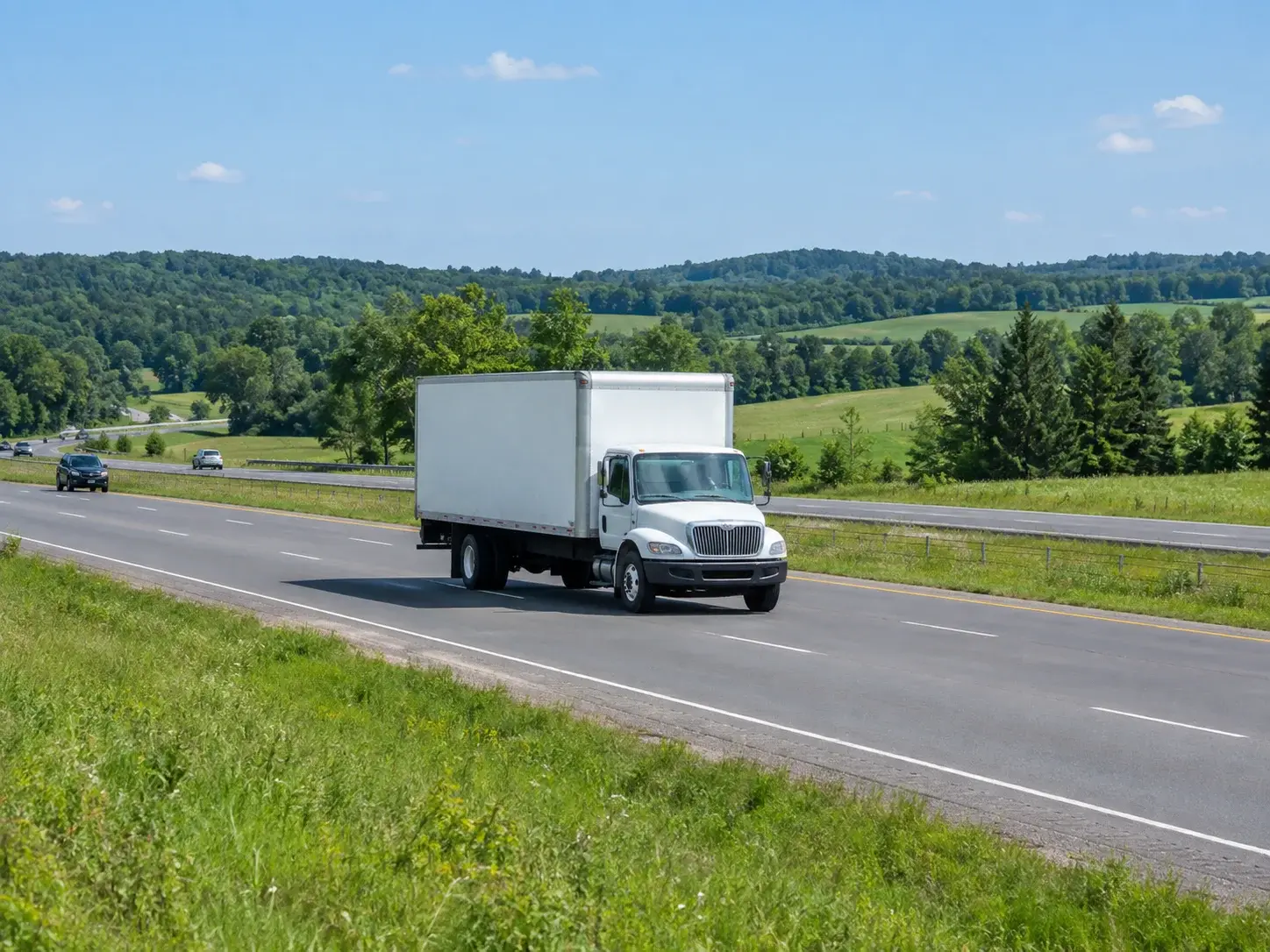 Moving from Quebec to Ontario: a white moving truck on a highway lined with green fields in summer.