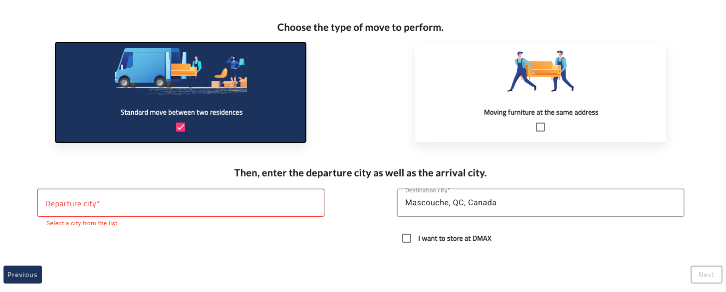 DMAX online estimate form for a move between Terrebonne and Mascouche