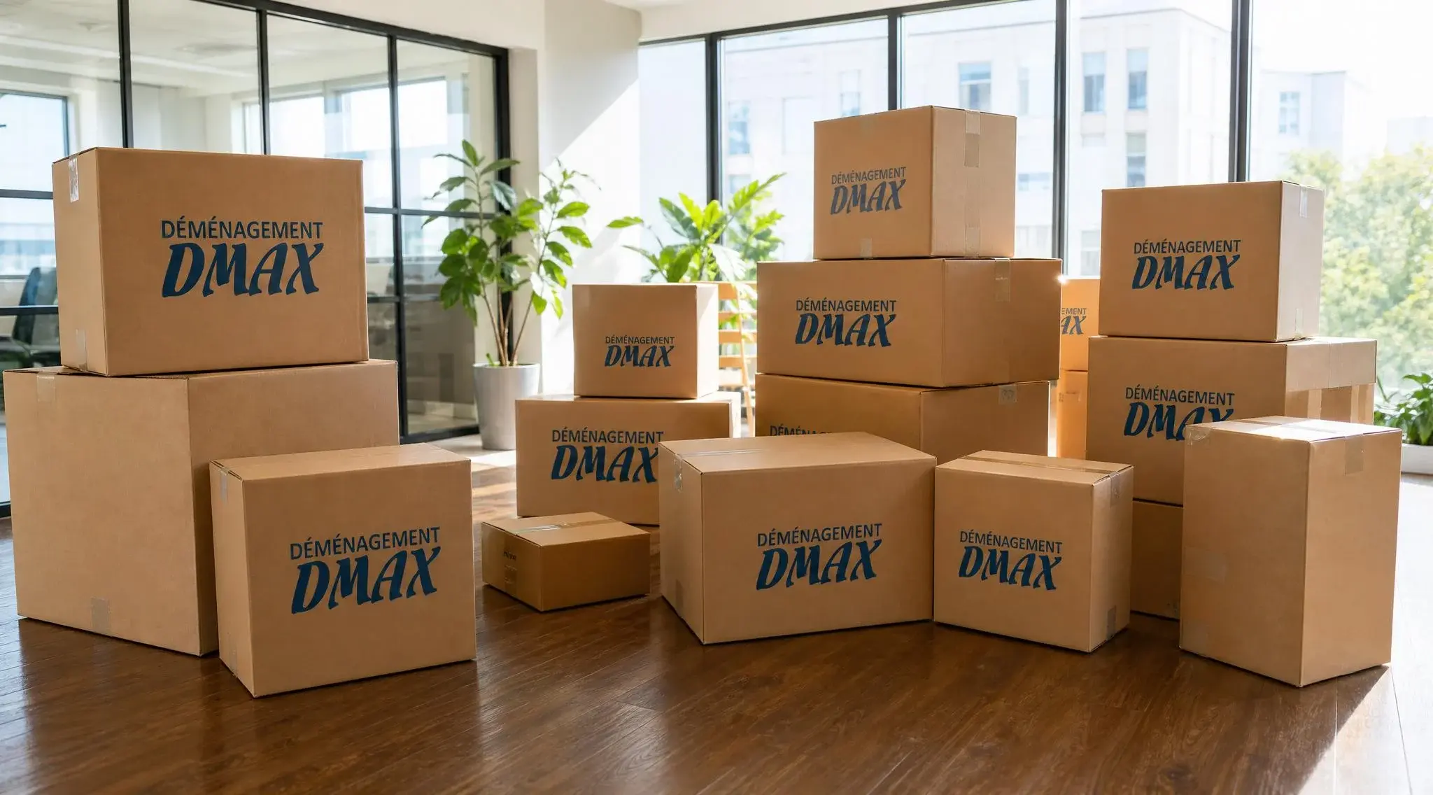 Boîtes de déménagement DMAX empilées dans un espace de bureau lors d'un déménagement commercial