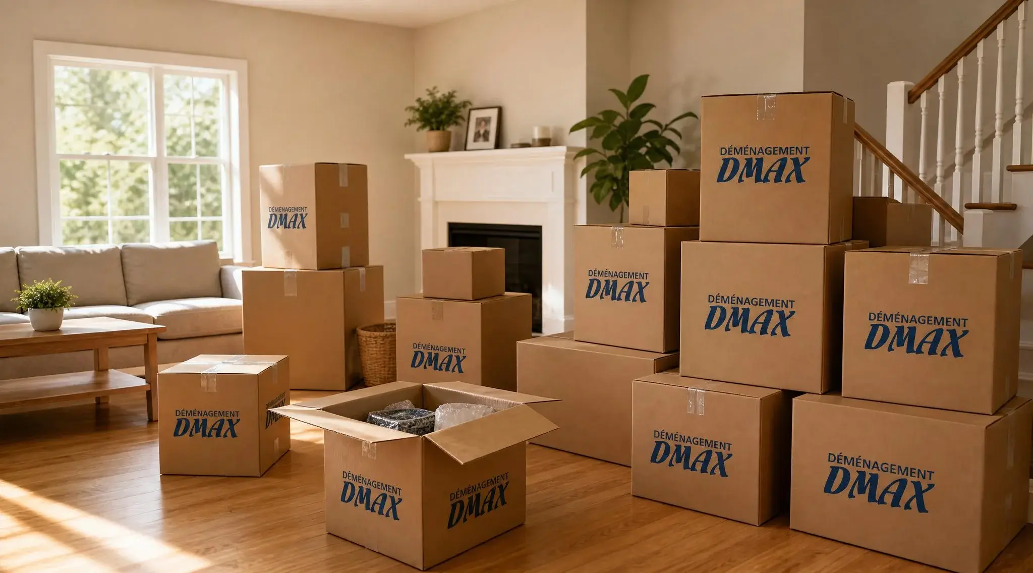 Boîtes de déménagement DMAX empilées dans un salon résidentiel