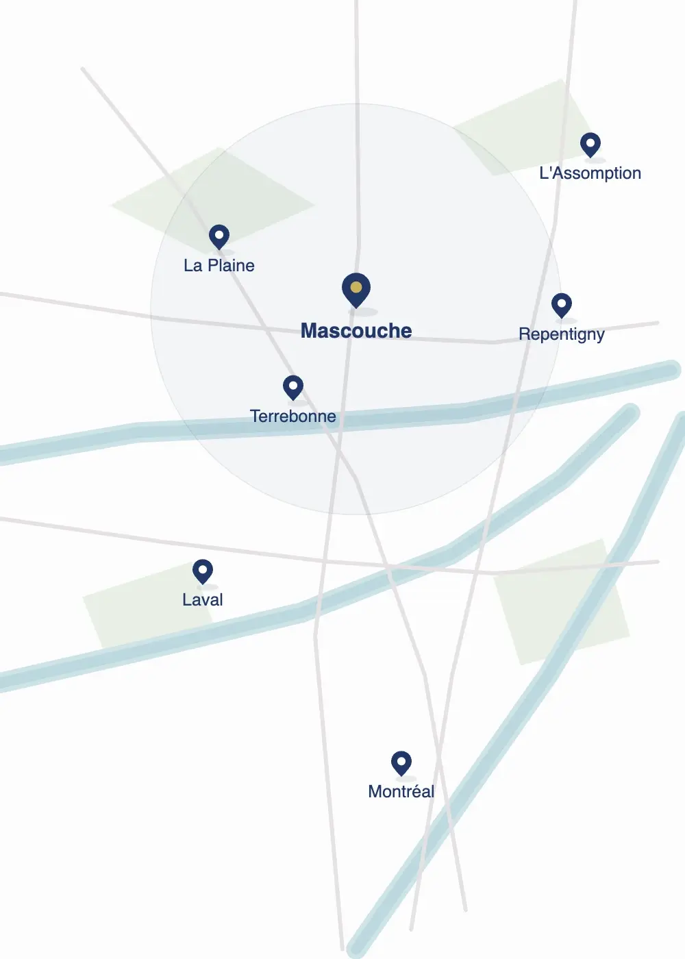 Map of the areas Déménagement DMAX serves around Mascouche: La Plaine, Terrebonne, Repentigny, L'Assomption, Laval and Montreal